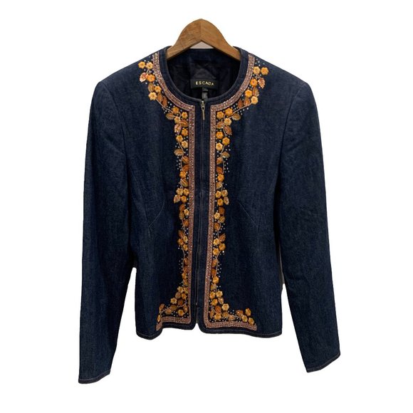 Escada Jackets & Blazers - Escada Denim Jean Embroidered Floral Beaded Jacket 40